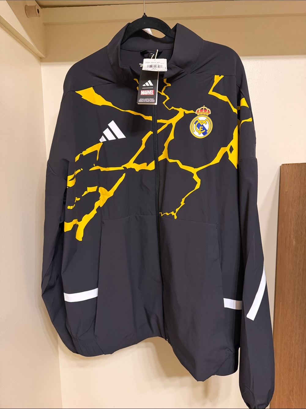 NWT adidas Real Madrid / Marvel collab Soccer Jacket with Yellow Graphic Accents